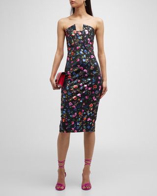 Lena Strapless Floral-Print Midi Sheath Dress