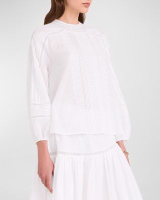 Leo Embroidered Pintuck Cotton Voile Top