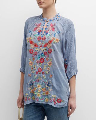 Leona Floral-Embroidered Pintuck Tunic