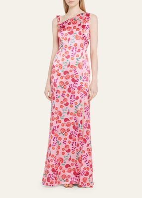 Leona One-Shoulder Draped Printed Silk Gown