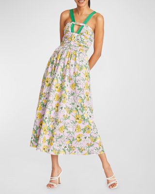 Leone Floral Cotton Keyhole Halter Midi Dress