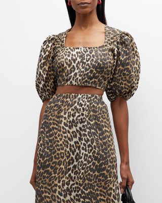 Leopard Cropped Zip-Front Blouse