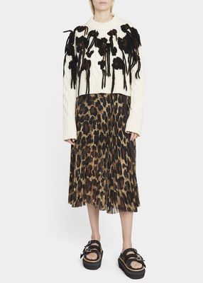 Leopard-Embroidered Fringe Cable Wool Sweater