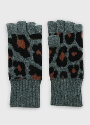 Leopard Intarsia-Knit Cashmere Fingerless Gloves