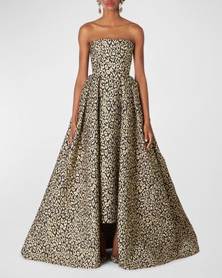 Leopard-Jacquard Strapless Column Gown With Attached Overskirt