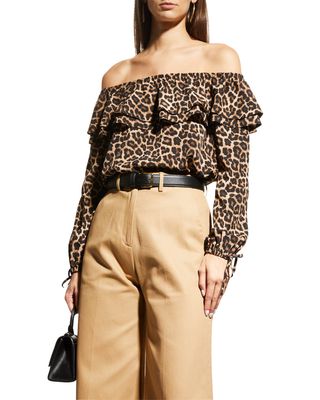 Leopard Off-the-Shoulder Ruffle Peasant Top