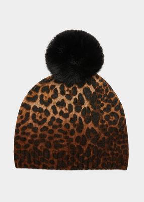 Leopard Print Cashmere & Faux Fur Pom Beanie