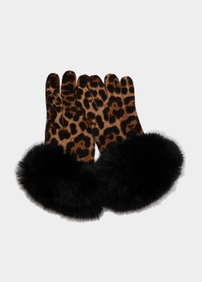 Leopard Print Cashmere Gloves w/ Faux Fur Cuffs