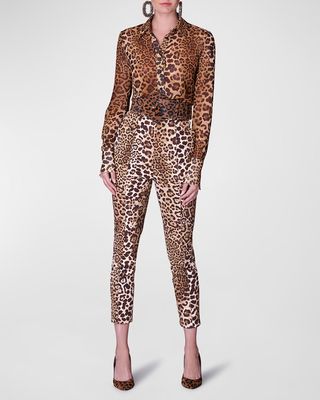 Leopard-Print Chiffon Collared Shirt