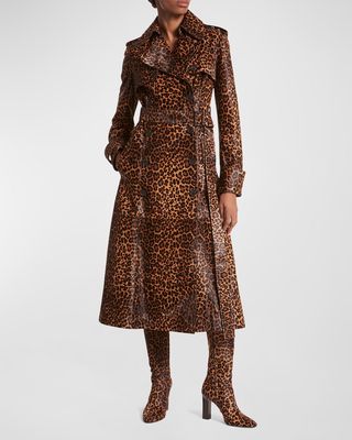 Leopard-Print Cowhide Belted Long Trench Coat
