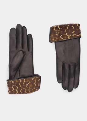 Leopard-Print Fold Down Silk & Leather Gloves