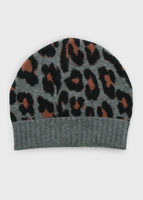 Leopard-Print Knit Cashmere Beanie Hat