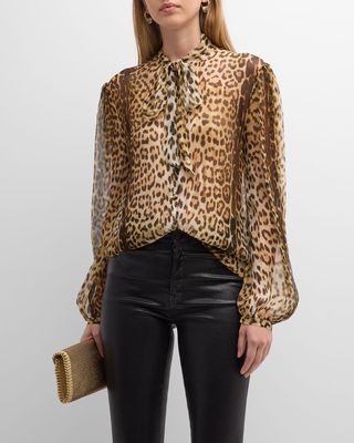Leopard-Print Neck-Tie Silk Shirt