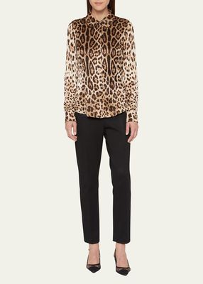 Leopard-Print Peter-Pan Collar Silk Shirt