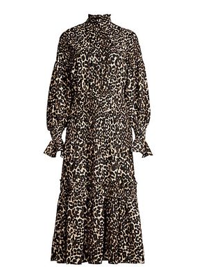 Leopard Print Smocked Midi-Dress