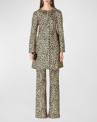 Leopard Print Trapeze Collared Top Coat with Gathered Back