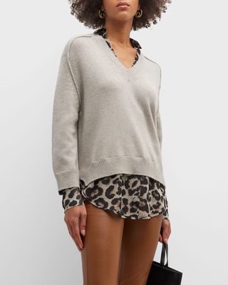 Leopard-Print V-Neck Layered Pullover