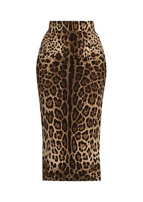 Leopard-Print Wool Midi-Skirt
