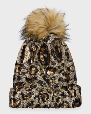 Leopard Sequin Beanie With Faux Fur Pom