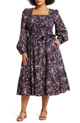 Leota Fleur Floral Print Long Sleeve Stretch Organic Cotton Midi Dress in Scattered Phlox Navy Multi