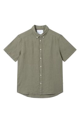 Les Deux Chris Solid Linen Short Sleeve Button-Down Shirt in Lichen Green
