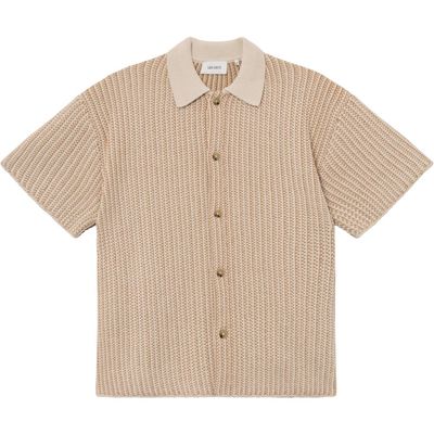 Les Deux Easton Short Sleeve Button-Up Sweater in Camel/Ivory