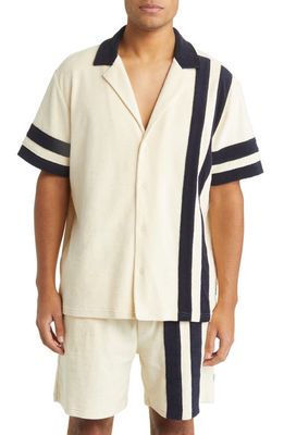 Les Deux Javier Sport Stripe Terry Cloth Short Sleeve Button-Up Camp Shirt in Ivory/Dark Navy
