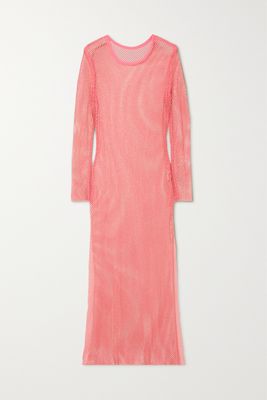 Leslie Amon - Crystal-embellished Open-knit Maxi Dress - Pink