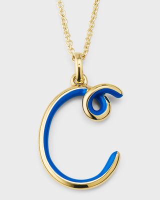 Letter C Pendant Necklace in 9K YG with Half Enamel in Cobalt
