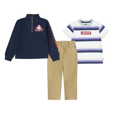 LEVI'S Boys Quarter Zip Sweatshirt, Striped T-Shirt And Pants 3-Piece Set in Navy Blazer