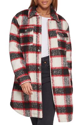 levi's Plaid Faux Shearling Lined Long Shirt Jacket in Cream/Black/Red Shadow Plaid
