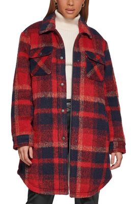 levi's Plaid Faux Shearling Lined Long Shirt Jacket in Red Navy Shadow Plaid