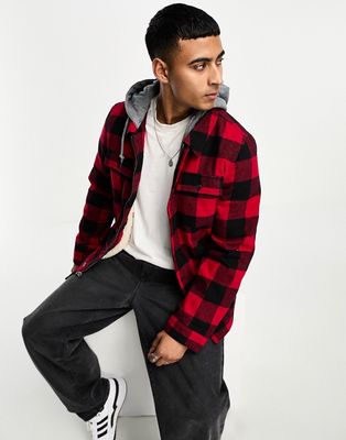 Levi's sherpa hooded shacket in red and black-Multi