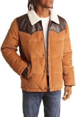 levi's Yellowstone Western Corduroy Puffer Jacket with Faux Shearling & Faux Leather Trim in Worker Brown Dark Brown Yoke