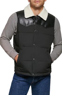 levi's Yellowstone Western Puffer Vest with Faux Shearling & Faux Leather Trim in Black Black Faux Leather Yoke