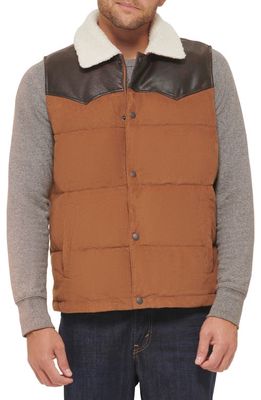 levi's Yellowstone Western Puffer Vest with Faux Shearling & Faux Leather Trim in Wrkr Brwn Crdr/Dk Brwn Lthr
