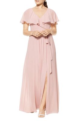 Levkoff Flutter Overlay Chiffon A-Line Gown in Frost Rose