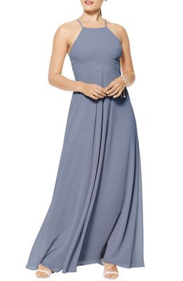 #Levkoff Halter Neck Chiffon A-Line Gown in Slate
