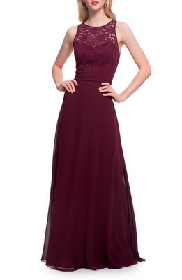 #Levkoff Lace Bodice Chiffon A-Line Gown in Wine