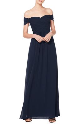 #Levkoff Off the Shoulder Chiffon A-Line Gown in Navy