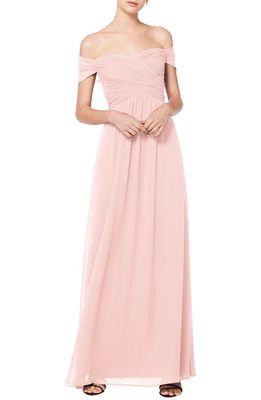 #Levkoff Off the Shoulder Chiffon A-Line Gown in Petal Pink