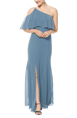 #Levkoff One-Shoulder Chiffon A-Line Gown in Slate