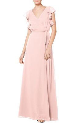 #Levkoff Ruffle Sleeve Chiffon Wrap Gown in Petal Pink