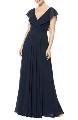 #Levkoff Ruffle V-Neck Wrap Gown in Navy