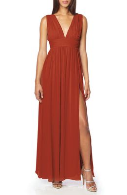 #Levkoff Sleeveless Chiffon A-Line Gown in Rust