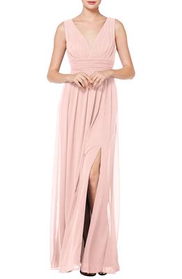#Levkoff V-Neck Pleat Chiffon A-Line Gown in Petal Pink