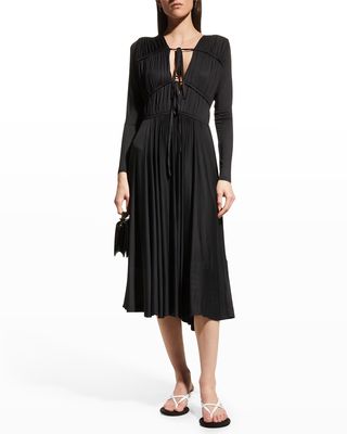 Lexi Pleated Long-Sleeve Jersey Midi Dress