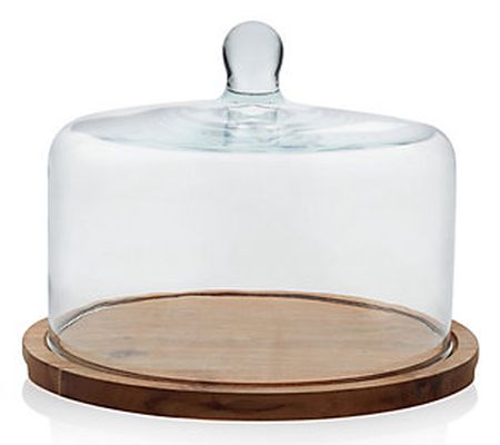 Libbey Acacia Wood Flat Cake Stand with Glass D ome