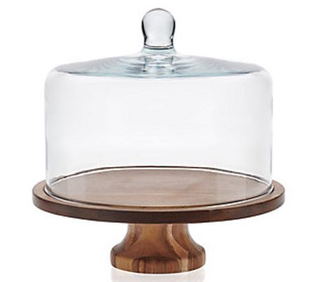 Libbey Acacia Wood Footed Cake Stand with Glass Dome
