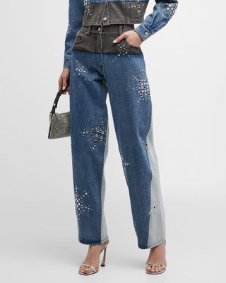 Liberty Embroidered Two-Tone Slouchy Jeans